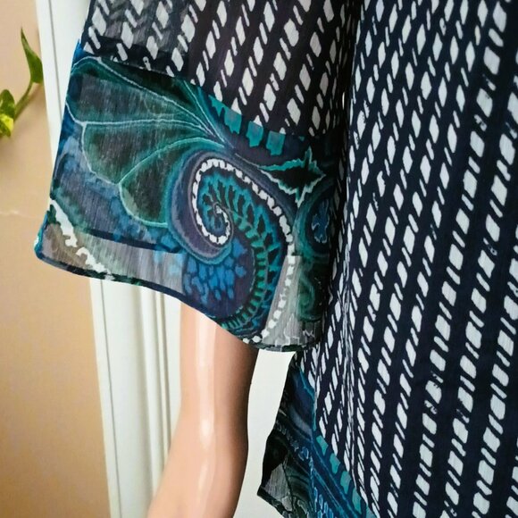 Share Isaac Mizrahi Paisley Ruffle Top S Black & Blue Button Up Sheer Lined Blou - Picture 3 of 10